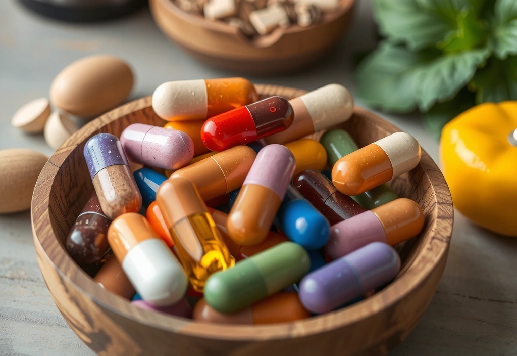 Cápsulas de vitaminas de colores variados en un cuenco de madera, con hierbas medicinales difuminadas al fondo.