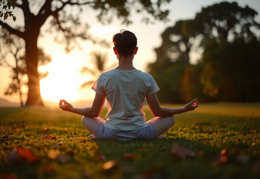 Persona meditando en una postura de loto al amanecer en un entorno natural sereno, simbolizando el bienestar mental.