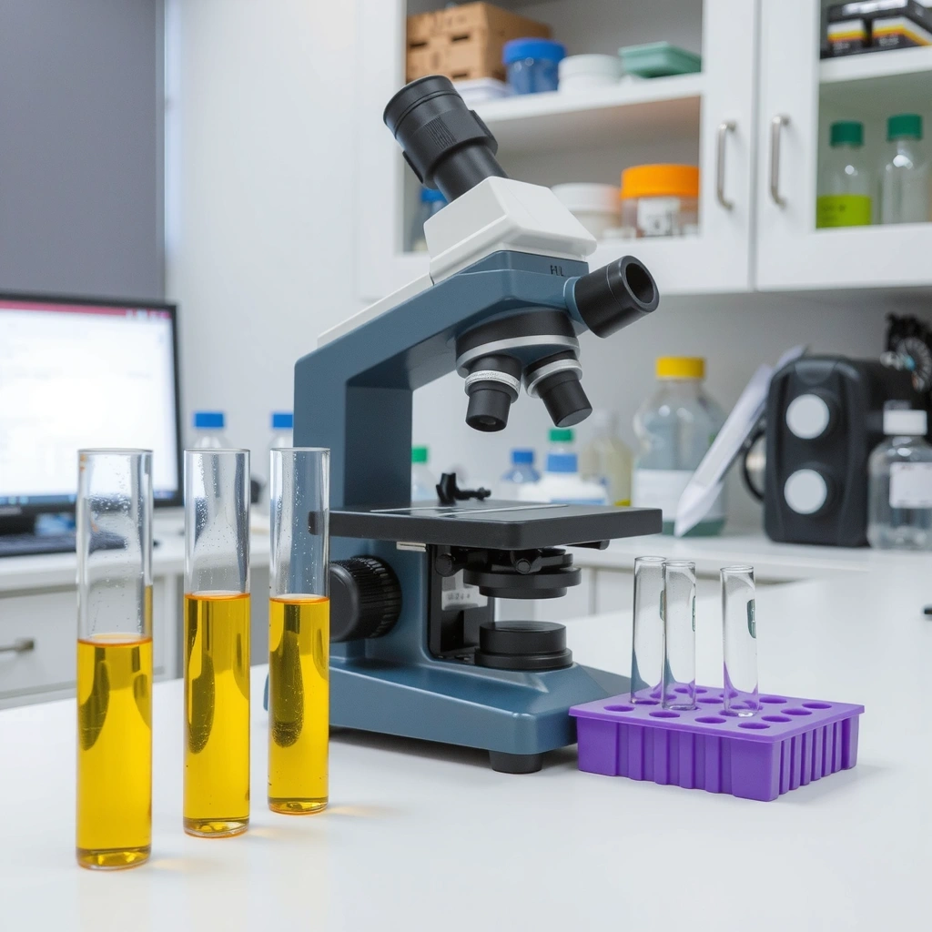 Un chequeo de laboratorio con microscopio y tubos de ensayo, representando la base científica.