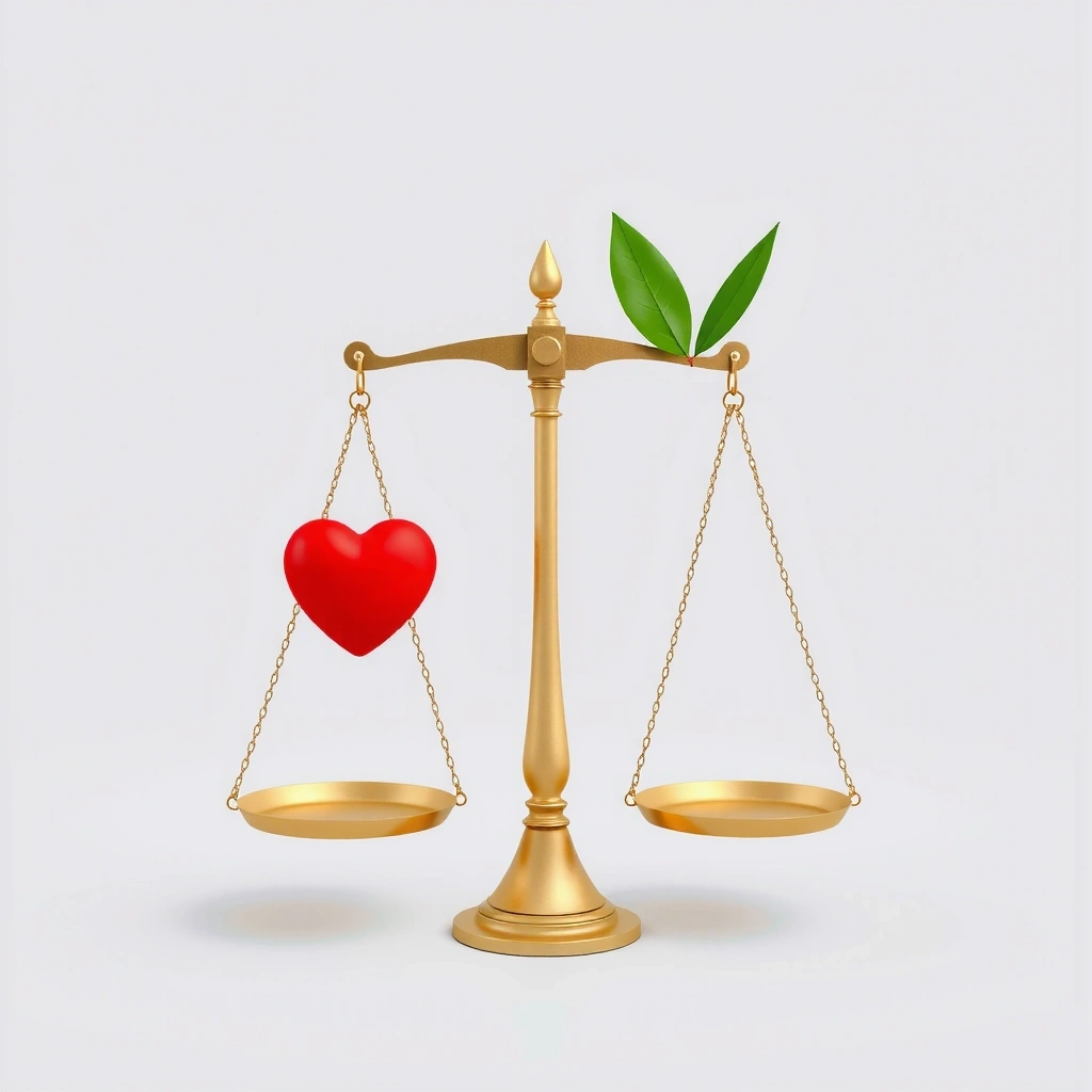 Una balanza equilibrada con un corazón y una hoja, simbolizando la ética y la sostenibilidad.